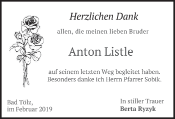 Traueranzeige von Anton Listle von merkurtz