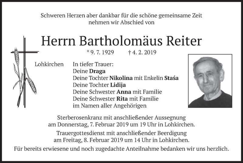  Traueranzeige für Bartholomäus Reiter vom 06.02.2019 aus merkurtz