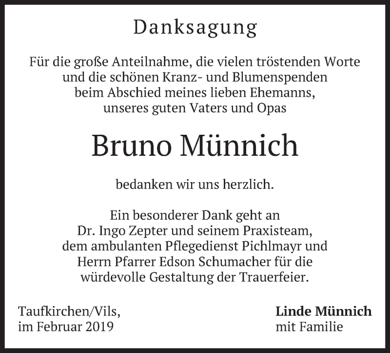  Traueranzeige für Bruno Münnich vom 02.02.2019 aus merkurtz