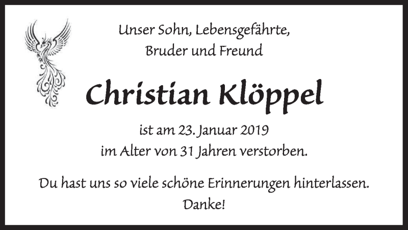  Traueranzeige für Christian Klöppel vom 02.02.2019 aus merkurtz