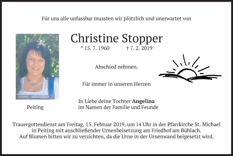  Traueranzeige für Christine Stopper vom 12.02.2019 aus merkurtz