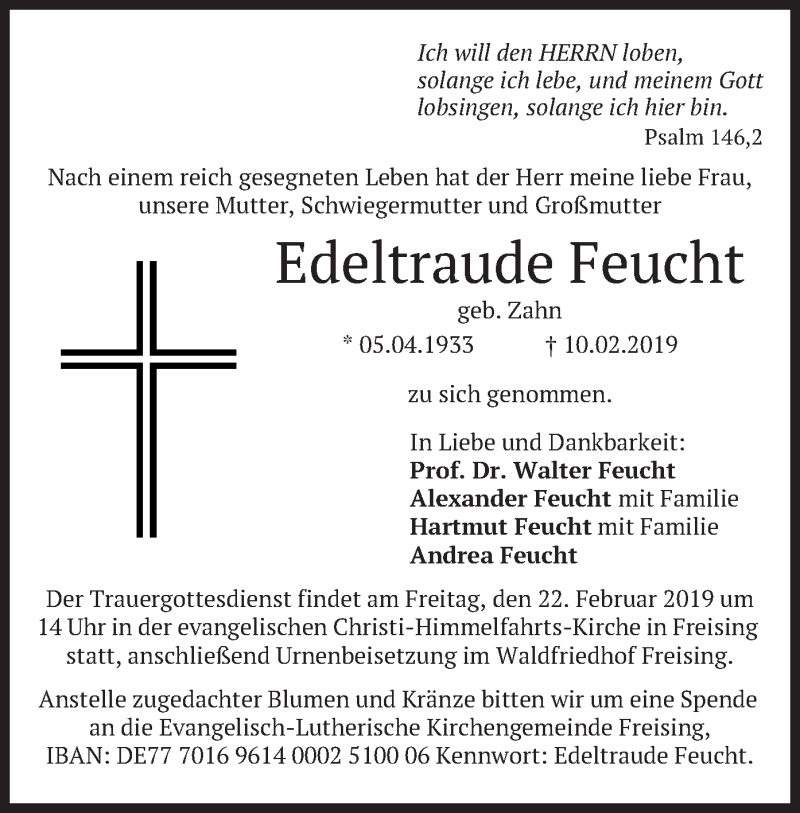  Traueranzeige für Edeltraude Feucht vom 16.02.2019 aus merkurtz