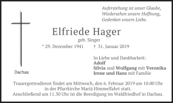 Traueranzeige von Elfriede Hager von merkurtz
