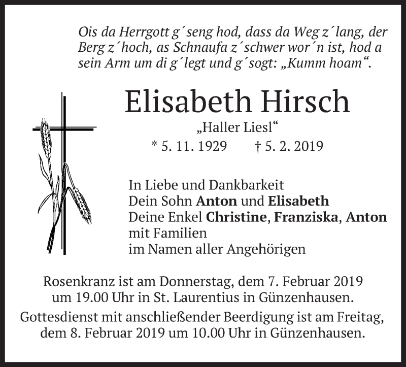  Traueranzeige für Elisabeth Hirsch vom 06.02.2019 aus merkurtz