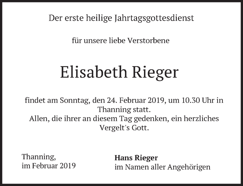  Traueranzeige für Elisabeth Rieger vom 23.02.2019 aus merkurtz