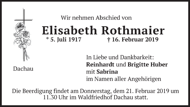  Traueranzeige für Elisabeth Rothmaier vom 19.02.2019 aus merkurtz