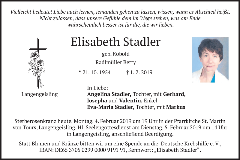  Traueranzeige für Elisabeth Stadler vom 04.02.2019 aus merkurtz
