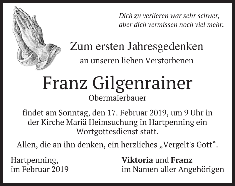  Traueranzeige für Franz Gilgenrainer vom 15.02.2019 aus merkurtz