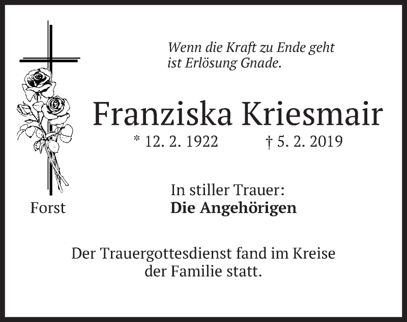  Traueranzeige für Franziska Kriesmair vom 15.02.2019 aus merkurtz