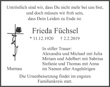Traueranzeige von Frieda Füchsel von merkurtz