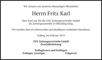 Traueranzeige von Fritz Karl von merkurtz