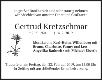 Traueranzeige von Gertrud Kretzschmar von merkurtz