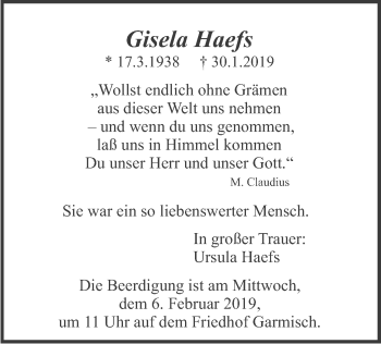 Traueranzeige von Gisela Haefs von merkurtz