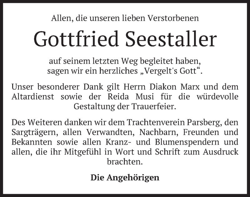  Traueranzeige für Gottfried Seestaller vom 23.02.2019 aus merkurtz