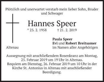 Traueranzeige von Hannes Speer von merkurtz