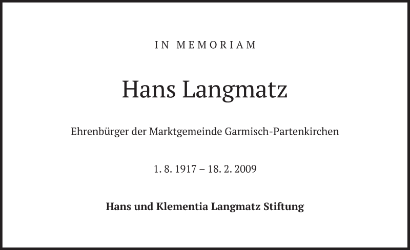  Traueranzeige für Hans Langmatz vom 16.02.2019 aus merkurtz