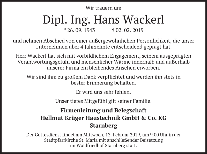  Traueranzeige für Hans Wackerl vom 09.02.2019 aus merkurtz