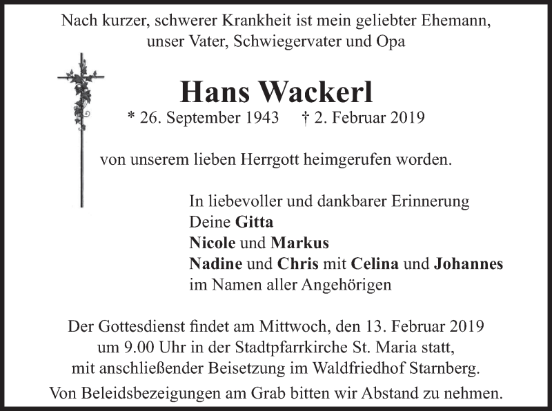  Traueranzeige für Hans Wackerl vom 09.02.2019 aus merkurtz