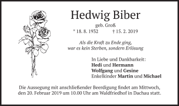 Traueranzeige von Hedwig Biber von merkurtz