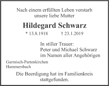 Traueranzeige von Hildegard Schwarz von merkurtz