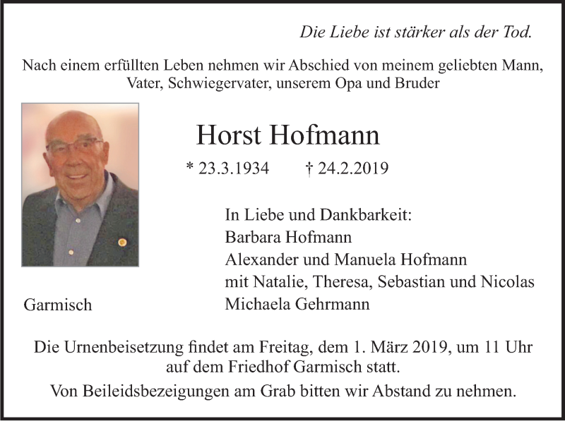 Traueranzeige für Horst Hofmann vom 27.02.2019 aus merkurtz