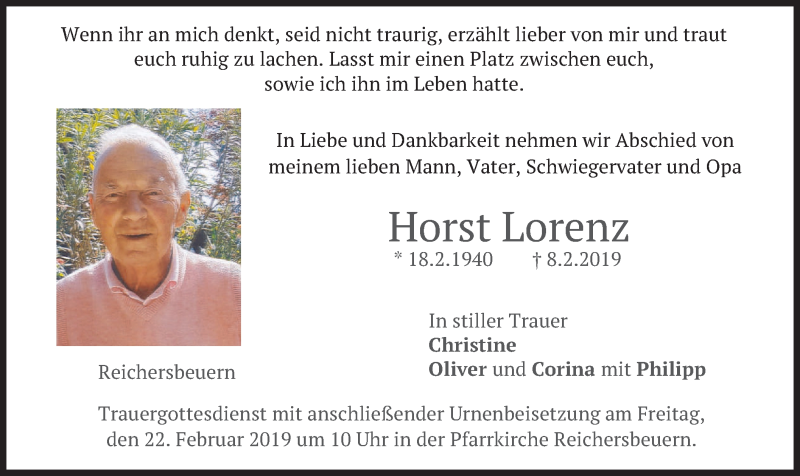  Traueranzeige für Horst Lorenz vom 20.02.2019 aus merkurtz