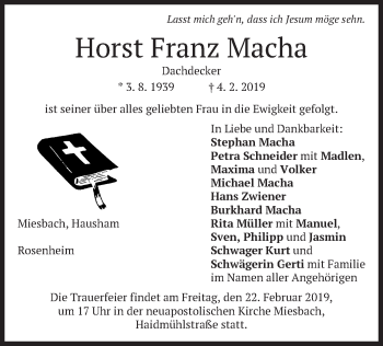 Traueranzeige von Horst Franz Macha von merkurtz