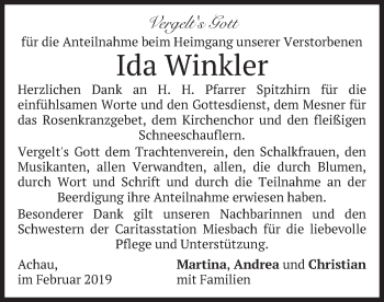 Traueranzeige von Ida Winkler von merkurtz