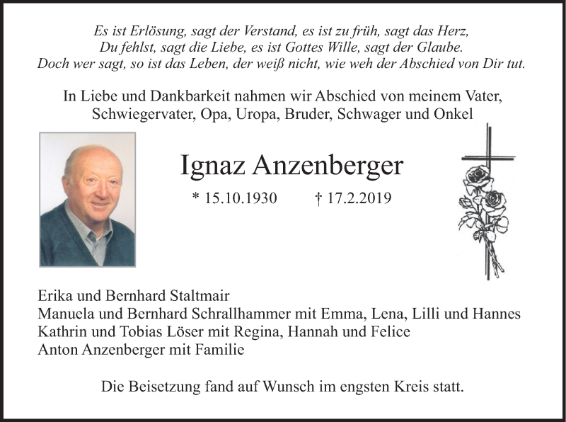  Traueranzeige für Ignaz Anzenberger vom 28.02.2019 aus merkurtz