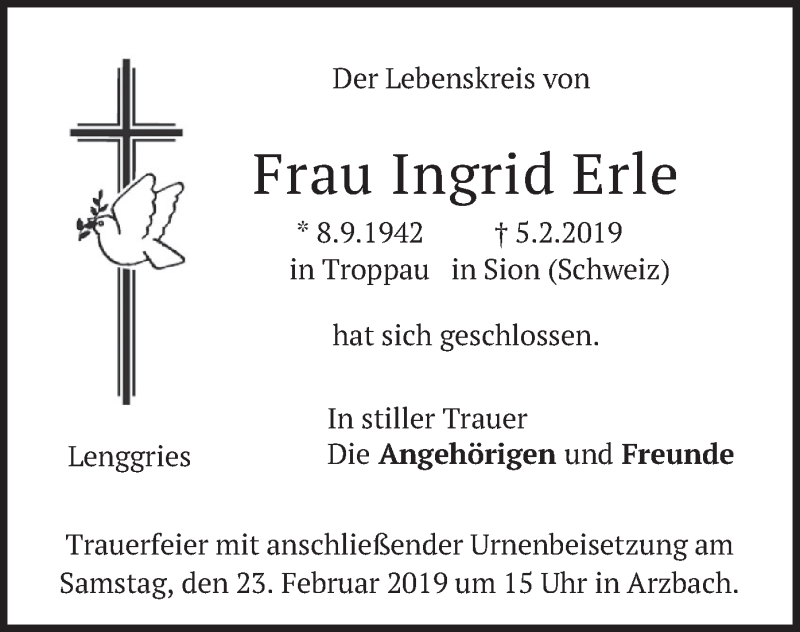  Traueranzeige für Ingrid Erle vom 21.02.2019 aus merkurtz