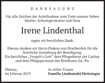 Traueranzeige von Irene Lindenthal von merkurtz