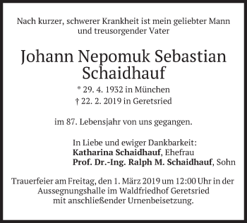 Traueranzeige von Johann Nepomuk Sebastian Schaidhauf von merkurtz