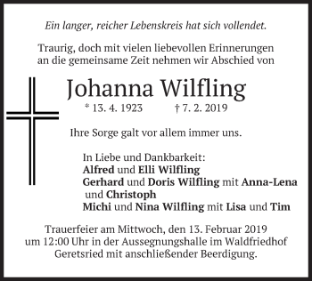 Traueranzeige von Johanna Wilfling von merkurtz