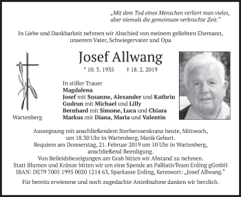 Traueranzeige von Josef Allwang von merkurtz