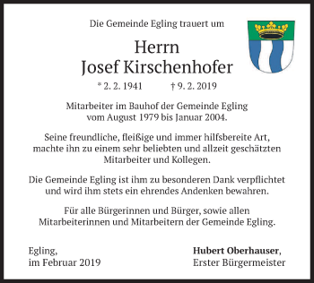 Traueranzeige von Josef Kirschenhofer von merkurtz