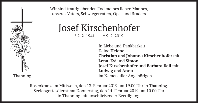  Traueranzeige für Josef Kirschenhofer vom 11.02.2019 aus merkurtz