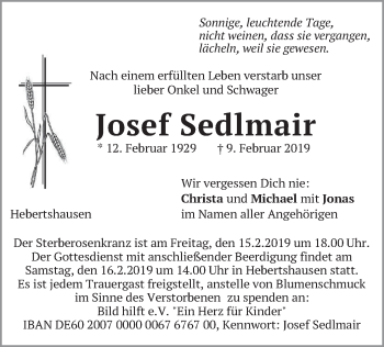 Traueranzeige von Josef Sedlmair von merkurtz