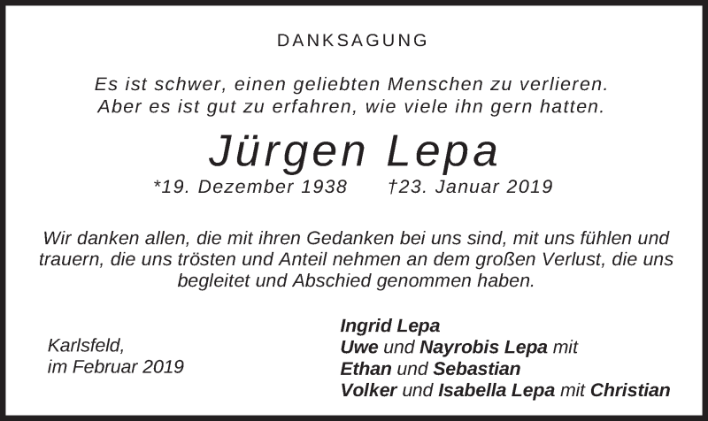  Traueranzeige für Jürgen Lepa vom 09.02.2019 aus merkurtz