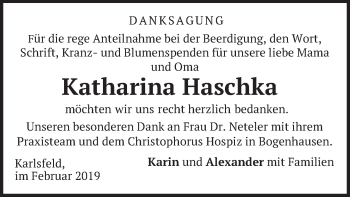 Traueranzeige von Katharina Haschka von merkurtz