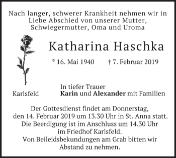 Traueranzeige von Katharina Haschka von merkurtz