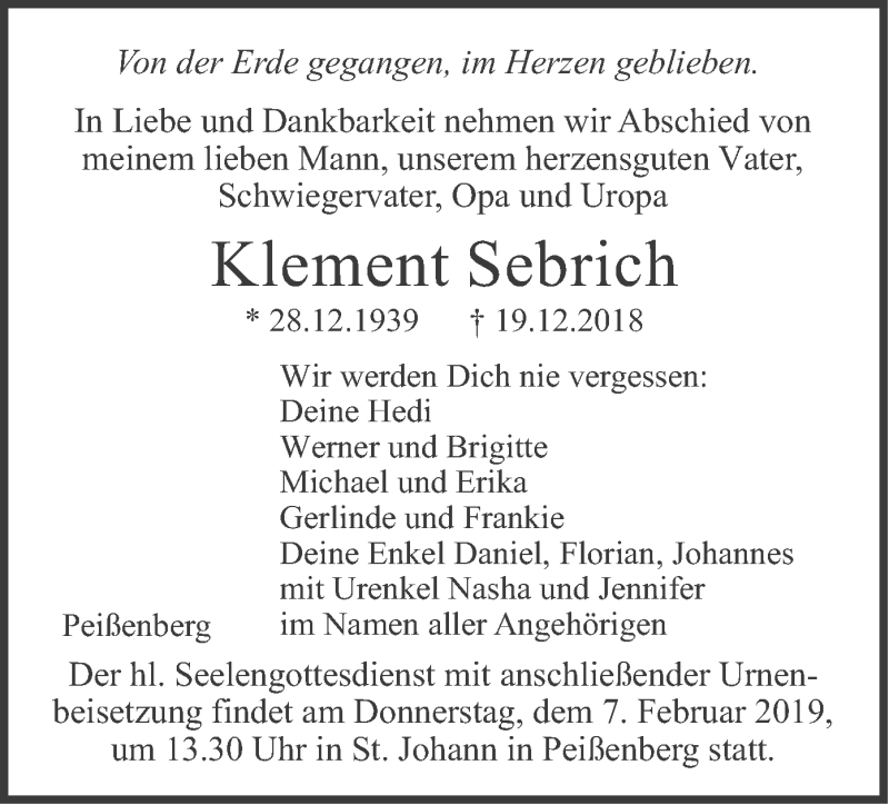  Traueranzeige für Klement Sebrich vom 02.02.2019 aus merkurtz
