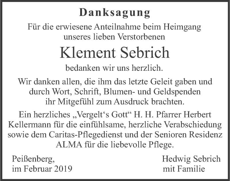  Traueranzeige für Klement Sebrich vom 16.02.2019 aus merkurtz