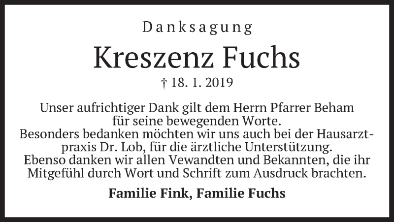  Traueranzeige für Kreszenz Fuchs vom 02.02.2019 aus merkurtz