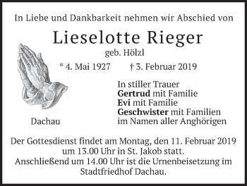 Traueranzeige von Lieselotte Rieger von merkurtz