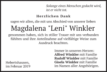 Traueranzeige von Magdalena Winkler von merkurtz