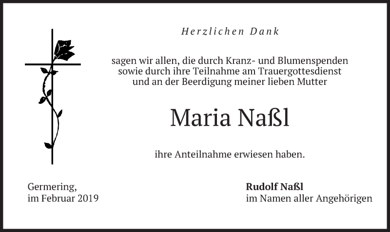  Traueranzeige für Maria Naßl vom 13.02.2019 aus merkurtz