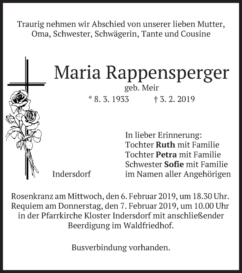  Traueranzeige für Maria Rappensperger vom 05.02.2019 aus merkurtz