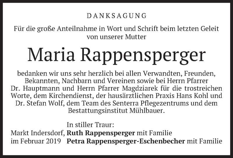  Traueranzeige für Maria Rappensperger vom 16.02.2019 aus merkurtz