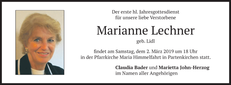  Traueranzeige für Marianne Lechner vom 23.02.2019 aus merkurtz