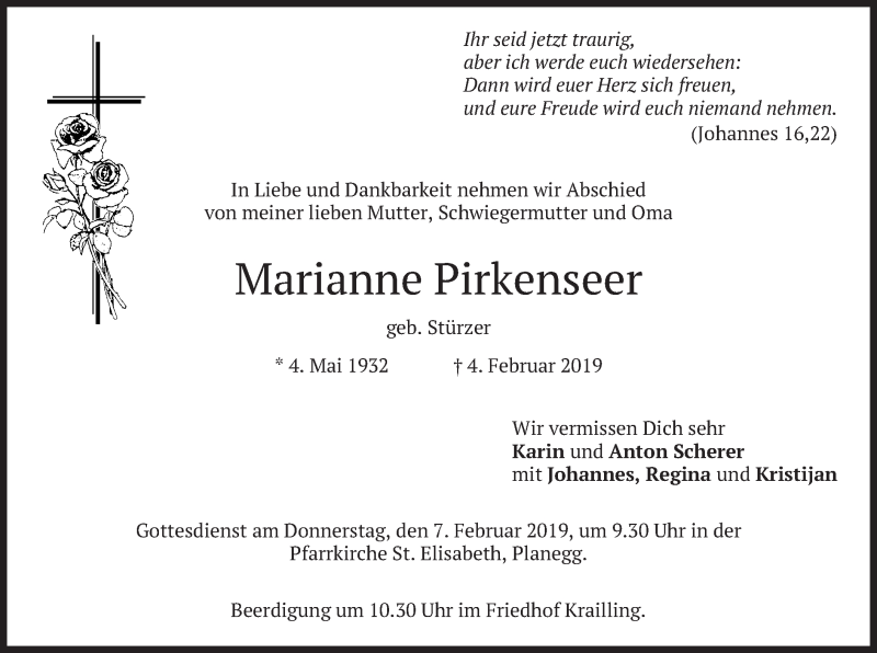  Traueranzeige für Marianne Pirkenseer vom 05.02.2019 aus merkurtz